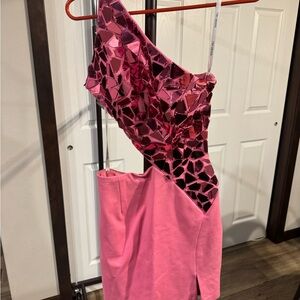 Sherri Hill One-Shoulder Cut Out Pink Dress